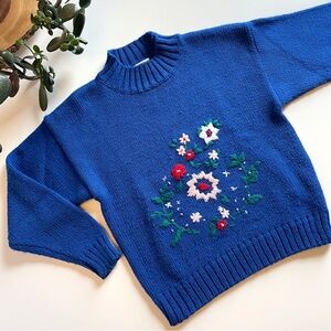 Vintage Esprit Kids Wool Blend Blue Floral Embroidered Sweater | Size 11